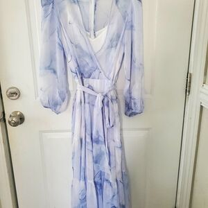 Size 10 Calvin Klein Blue and White Chiffon Dress